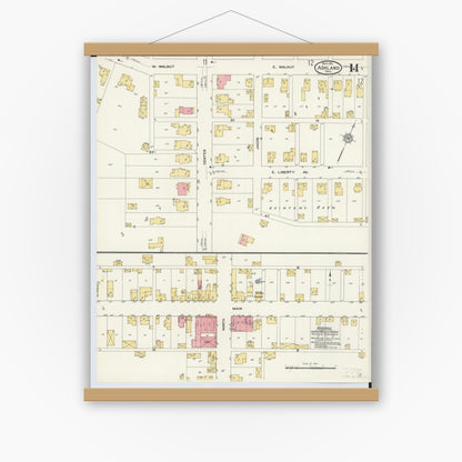 Old map wall art mockup — magnetic wood frame on white wall — Sanborn Fire Insurance Map from Ashland, Ashland County, Ohio (1911), Sheet #0014