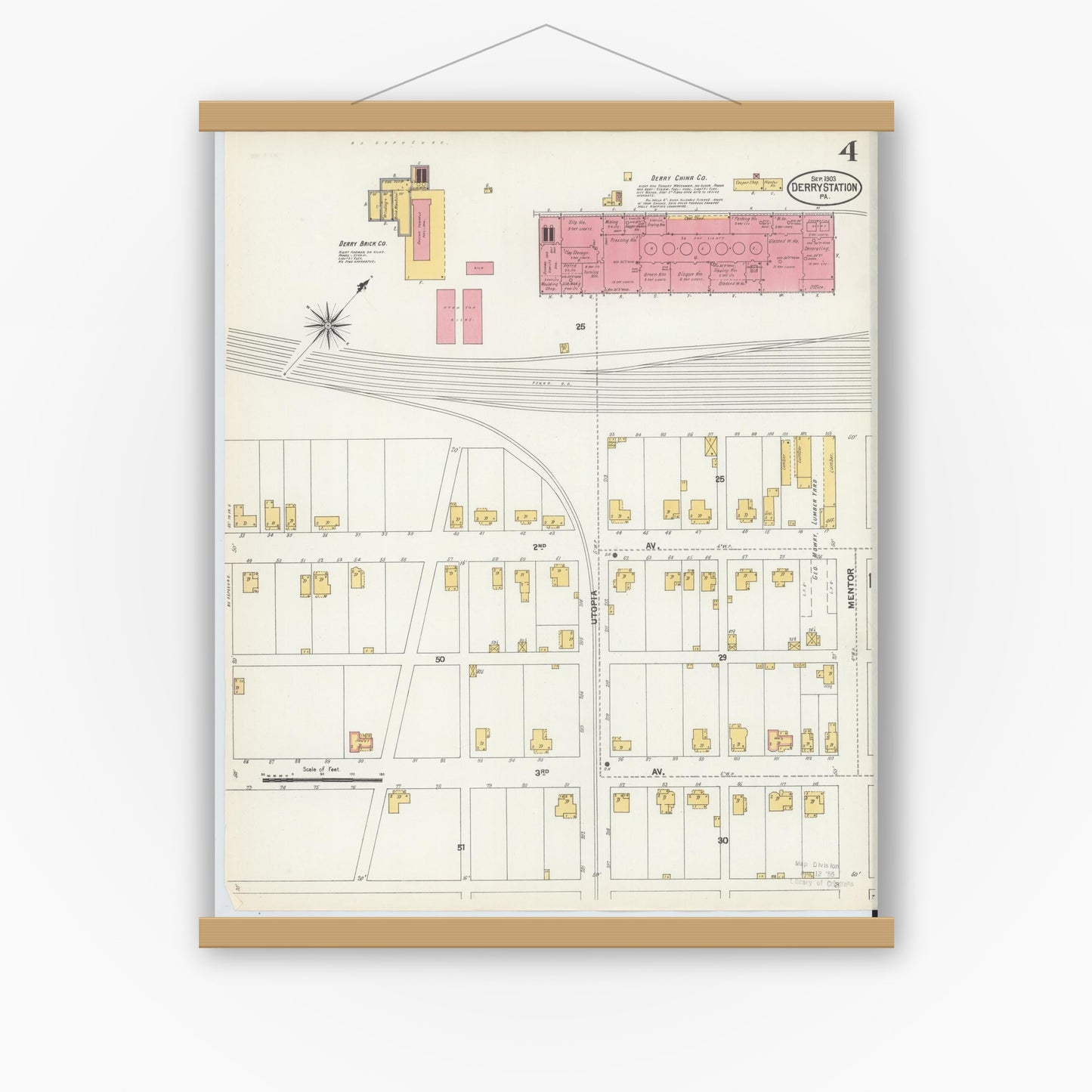 Old map wall art mockup — magnetic wood frame on white wall — Sanborn Fire Insurance Map from Derry, Westmoreland County, Pennsylvania (1903), Sheet #0004