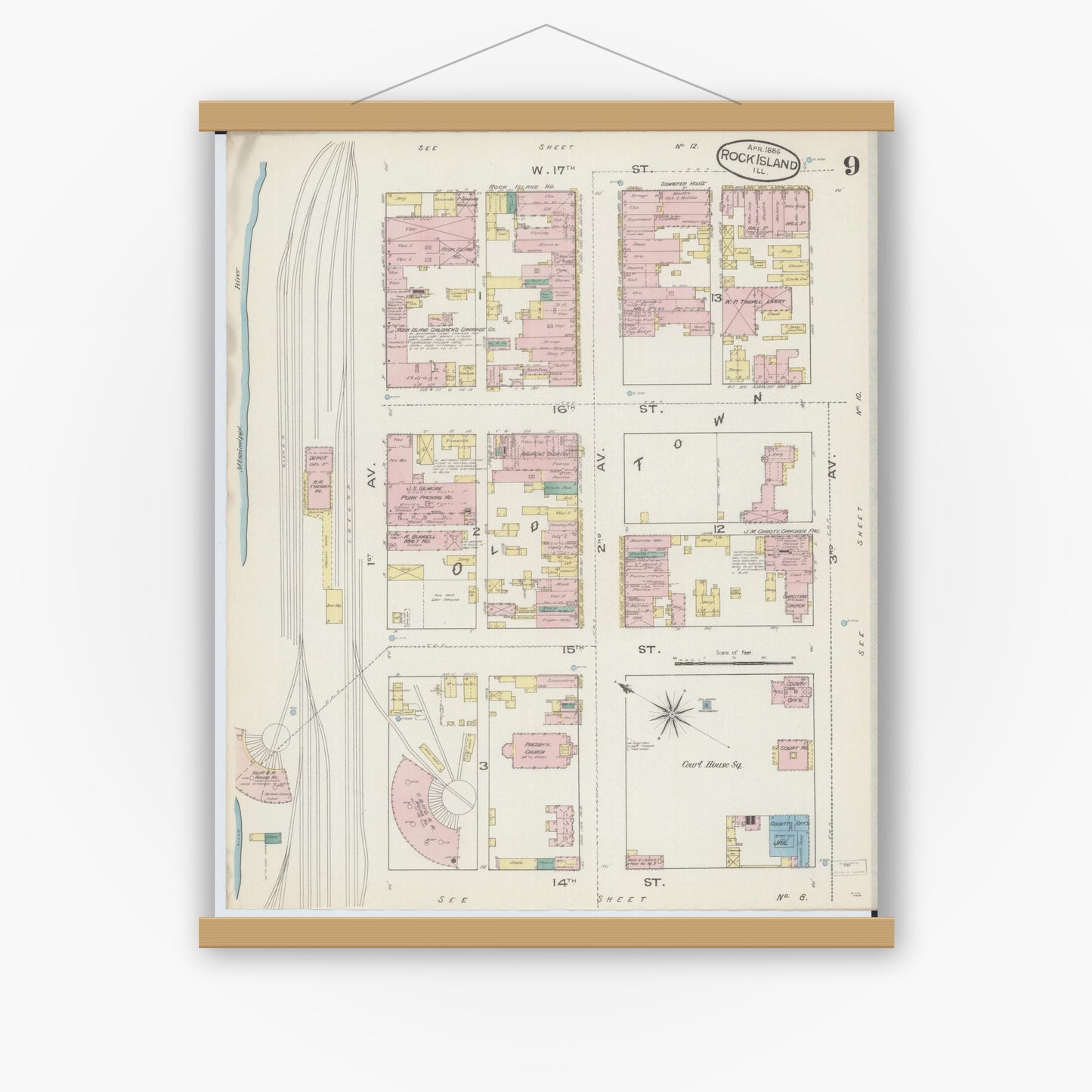 Old map wall art mockup — magnetic wood frame on white wall — Sanborn Fire Insurance Map from Rock Island, Rock Island County, Illinois (1886), Sheet #0009