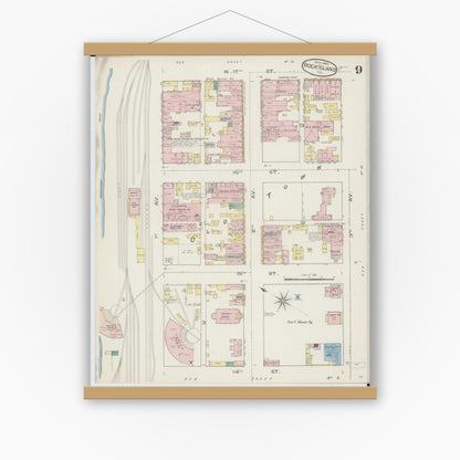 Old map wall art mockup — magnetic wood frame on white wall — Sanborn Fire Insurance Map from Rock Island, Rock Island County, Illinois (1886), Sheet #0009