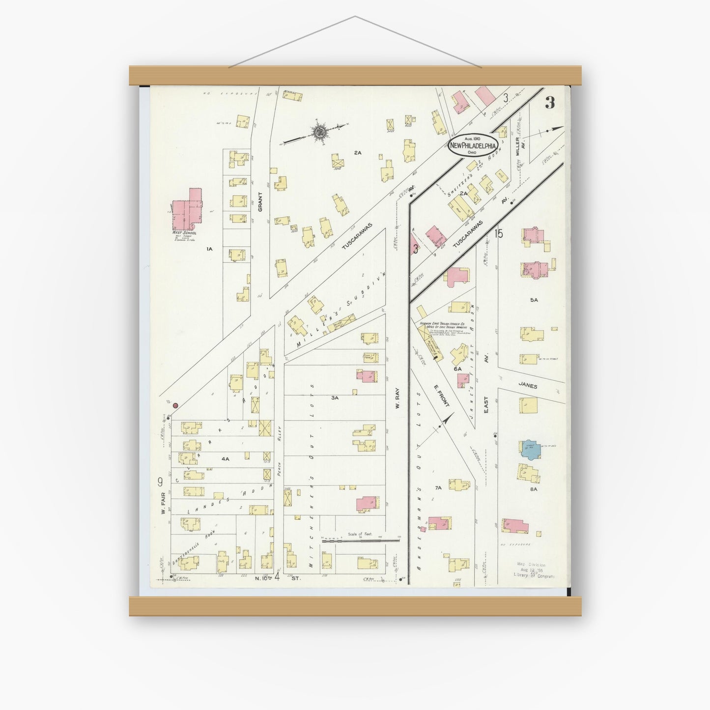 Old map wall art mockup — magnetic wood frame on white wall — Sanborn Fire Insurance Map from New Philadelphia, Tuscarawas County, Ohio (1910), Sheet #0003