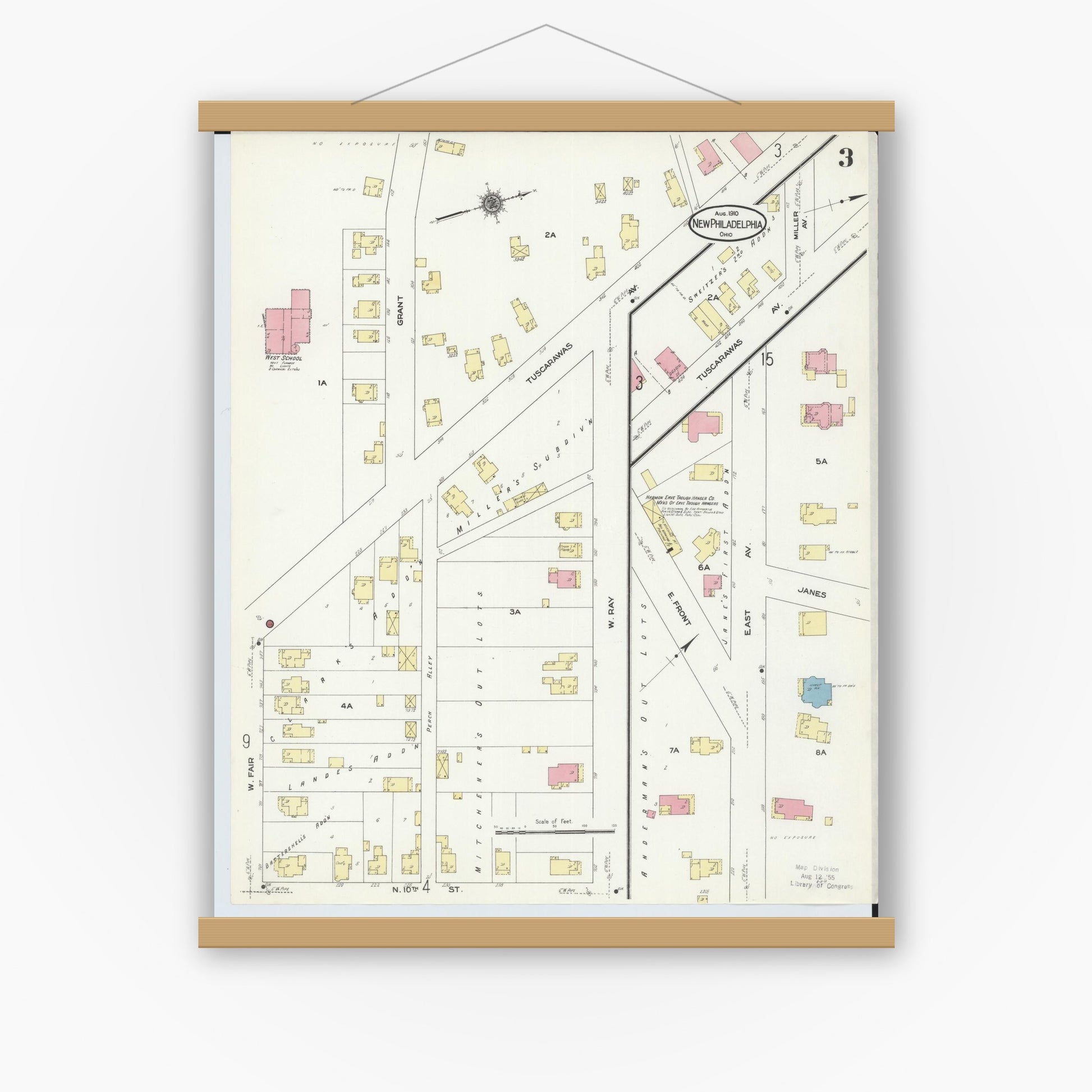 Old map wall art mockup — magnetic wood frame on white wall — Sanborn Fire Insurance Map from New Philadelphia, Tuscarawas County, Ohio (1910), Sheet #0003