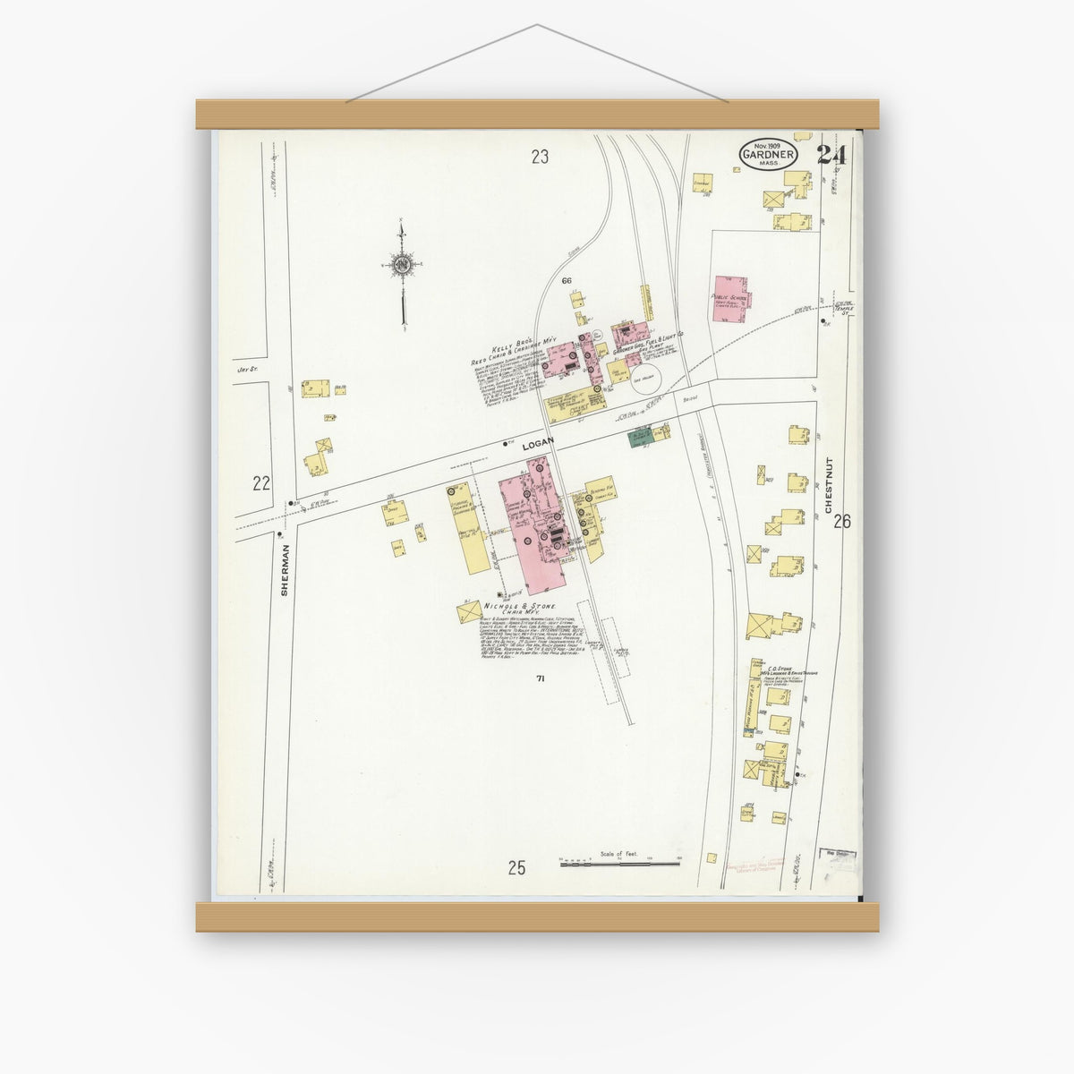 Old map wall art mockup — magnetic wood frame on white wall — Sanborn Fire Insurance Map from Gardner, Worcester County, Massachusetts (1909), Sheet #0024