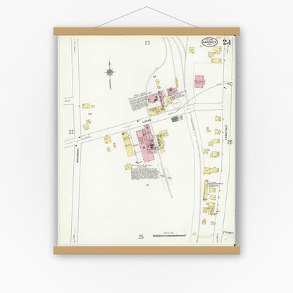 Old map wall art mockup — magnetic wood frame on white wall — Sanborn Fire Insurance Map from Gardner, Worcester County, Massachusetts (1909), Sheet #0024