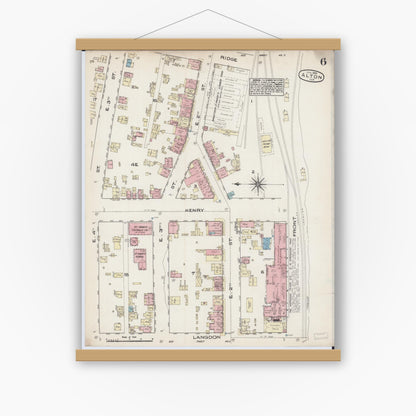 Old map wall art mockup — magnetic wood frame on white wall — Sanborn Fire Insurance Map from Alton, Madison County, Illinois (1885), Sheet #0006
