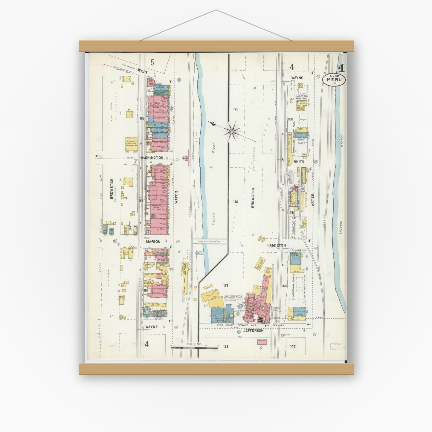 Old map wall art mockup — magnetic wood frame on white wall — Sanborn Fire Insurance Map from Peru, La Salle County, Illinois (1902), Sheet #0004