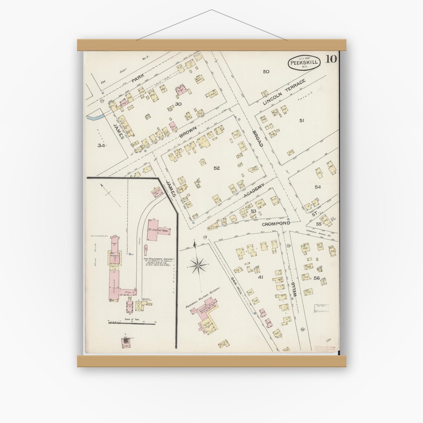 Old map wall art mockup — magnetic wood frame on white wall — Sanborn Fire Insurance Map from Peekskill, Westchester County, New York (1887), Sheet #0010