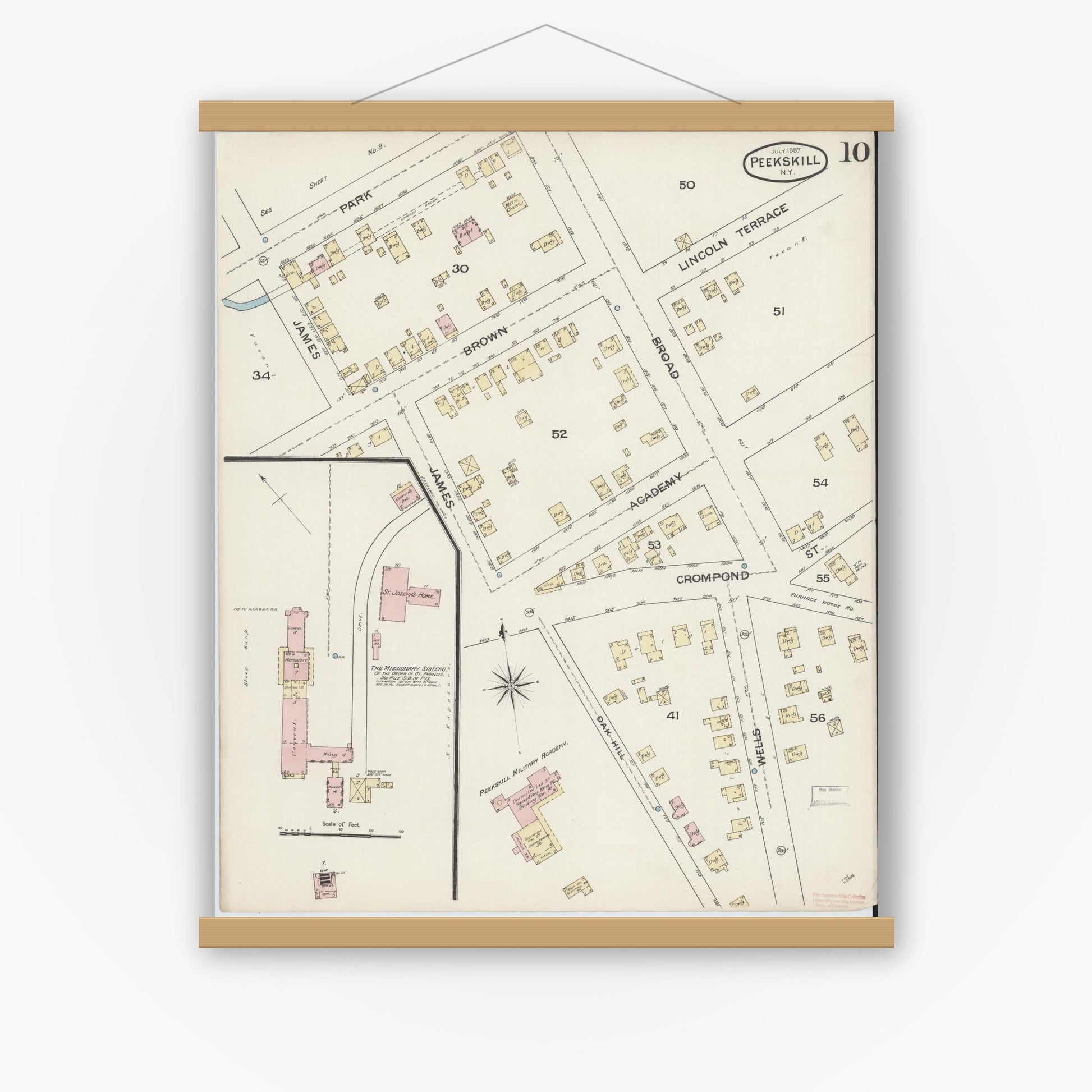 Old map wall art mockup — magnetic wood frame on white wall — Sanborn Fire Insurance Map from Peekskill, Westchester County, New York (1887), Sheet #0010