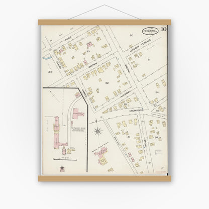 Old map wall art mockup — magnetic wood frame on white wall — Sanborn Fire Insurance Map from Peekskill, Westchester County, New York (1887), Sheet #0010