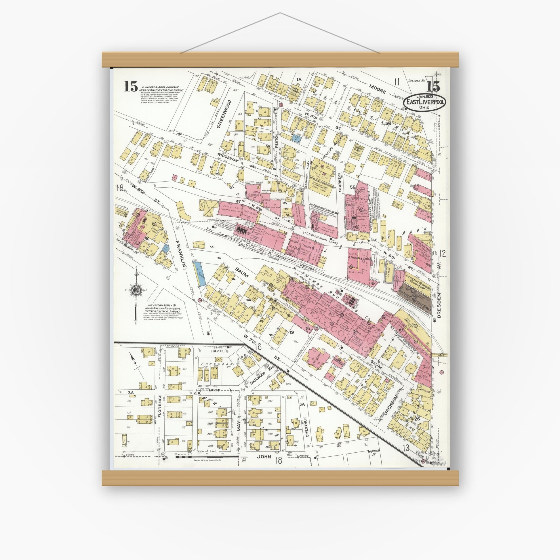 Old map wall art mockup — magnetic wood frame on white wall — Sanborn Fire Insurance Map from East Liverpool, Columbiana County, Ohio (1923), Sheet #0015