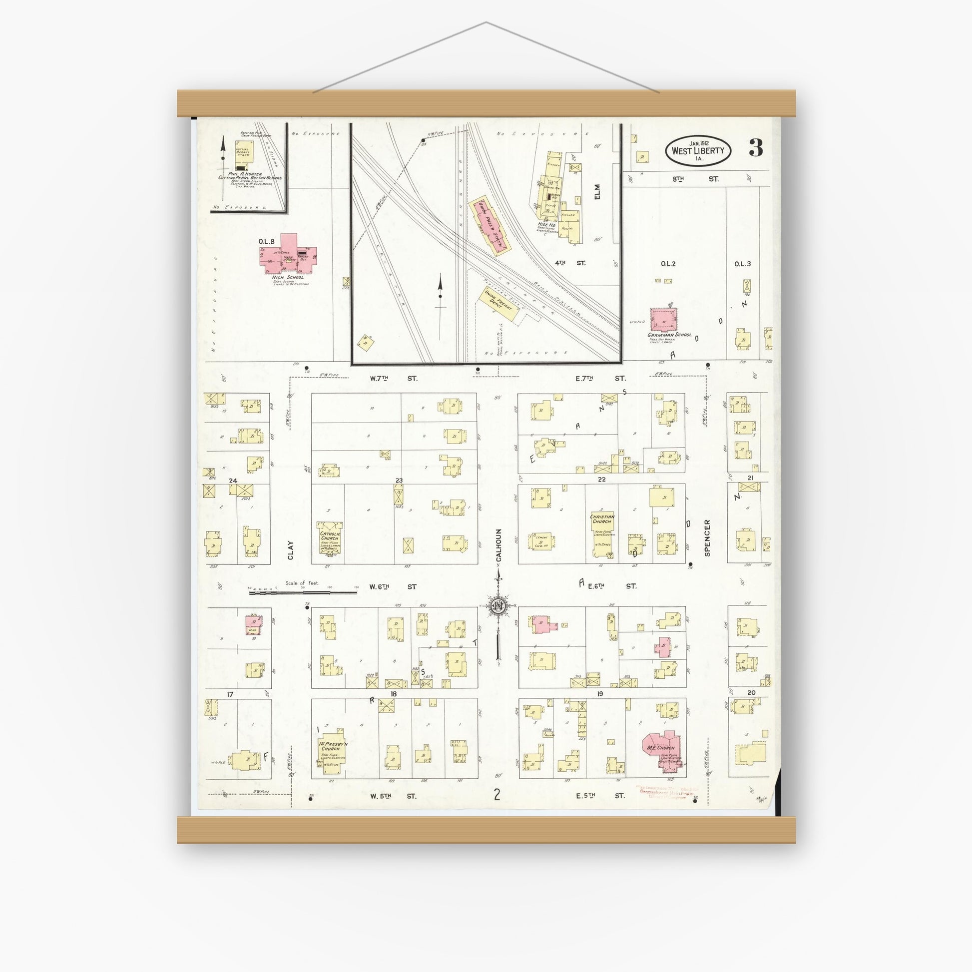 Old map wall art mockup — magnetic wood frame on white wall — Sanborn Fire Insurance Map from West Liberty, Muscatine County, Iowa (1912), Sheet #0003
