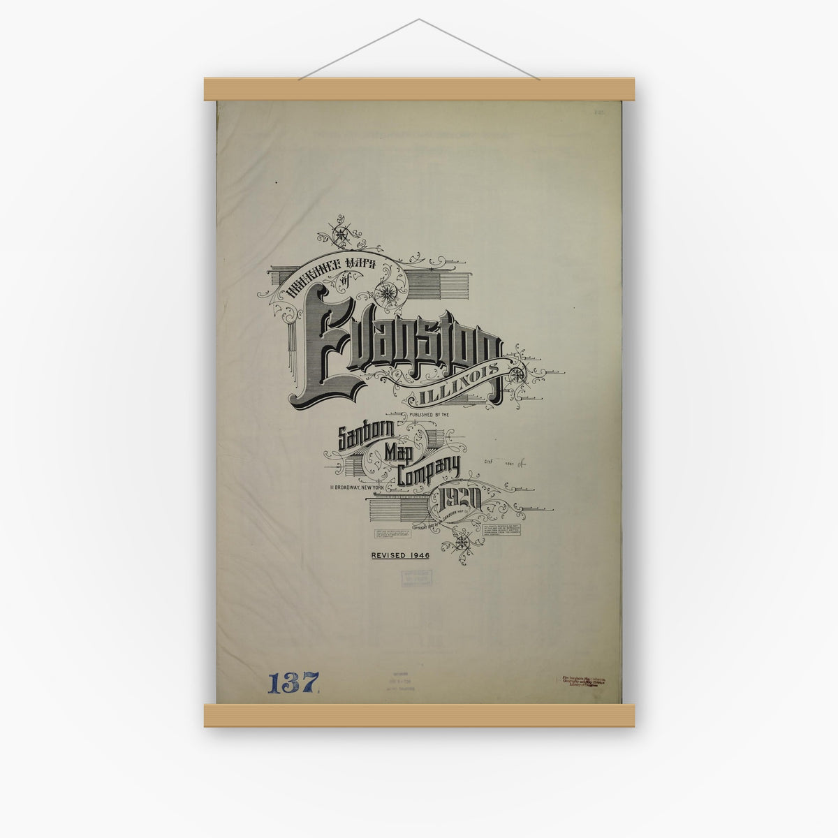 Old map wall art mockup — magnetic wood frame on white wall — Sanborn Fire Insurance Map from Evanston, Cook County, Illinois (1945), Sheet #0001