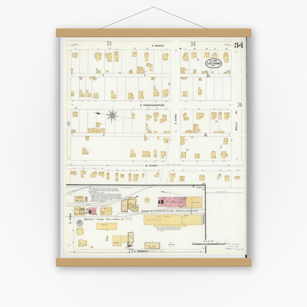 Old map wall art mockup — magnetic wood frame on white wall — Sanborn Fire Insurance Map from Sherman, Grayson County, Texas (1908), Sheet #0034