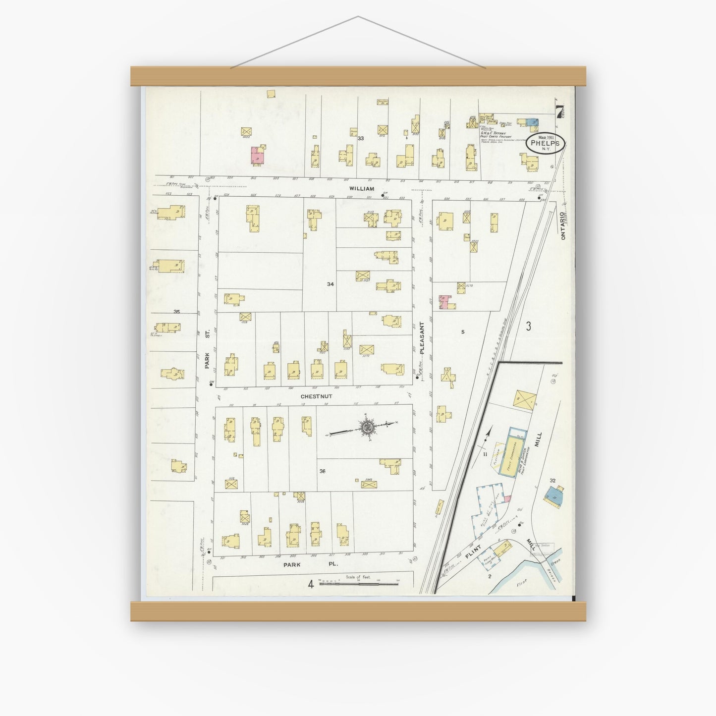 Old map wall art mockup — magnetic wood frame on white wall — Sanborn Fire Insurance Map from Phelps, Ontario County, New York (1911), Sheet #0007