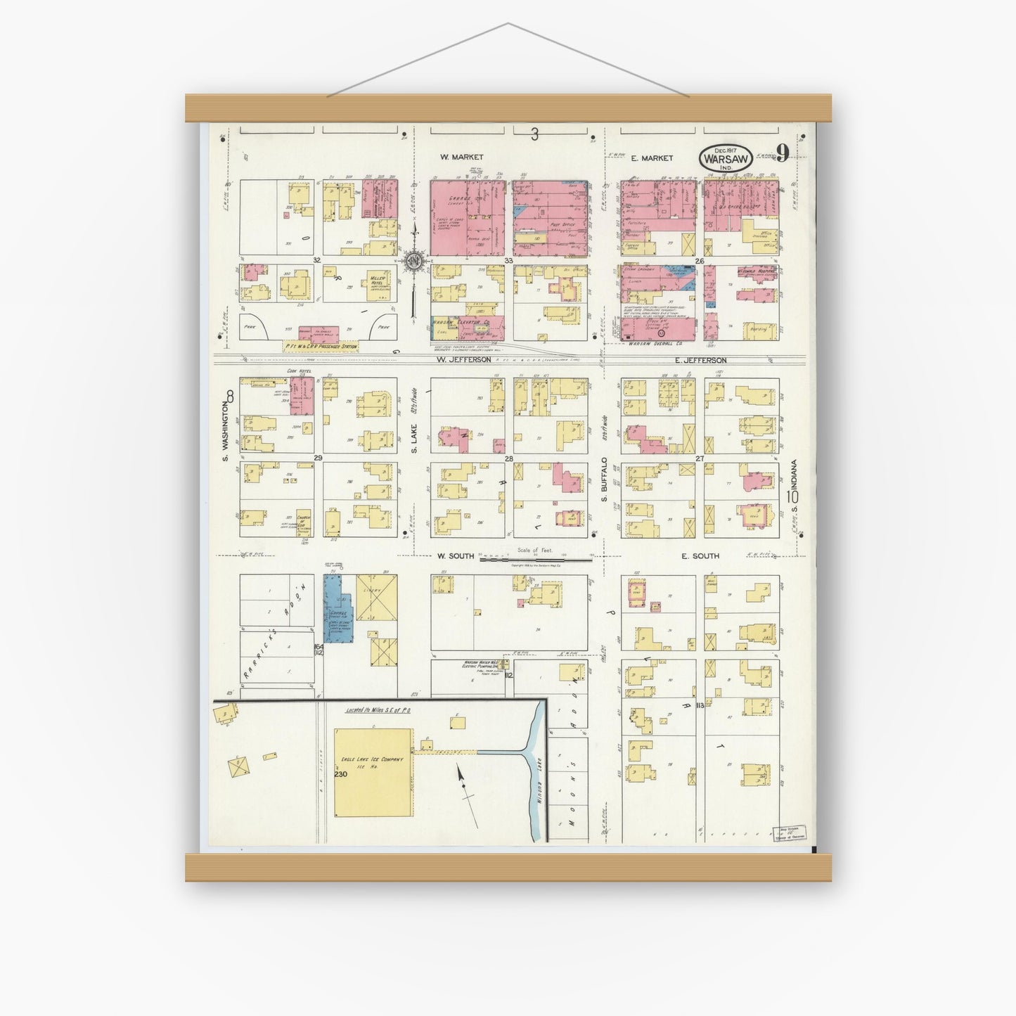 Old map wall art mockup — magnetic wood frame on white wall — Sanborn Fire Insurance Map from Warsaw, Kosciusko County, Indiana (1917), Sheet #0009