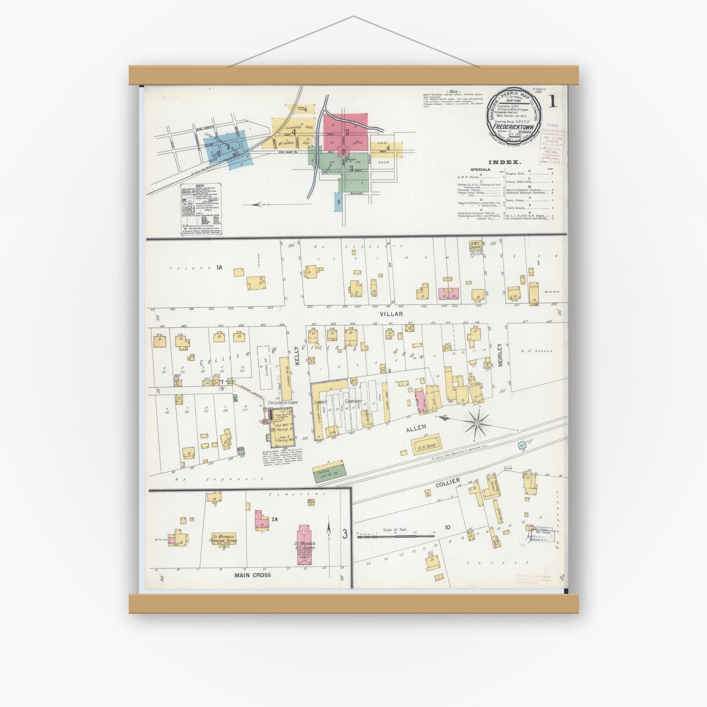 Old map wall art mockup — magnetic wood frame on white wall — Sanborn Fire Insurance Map from Fredericktown, Madison County, Missouri (1900) - Complete Map Set