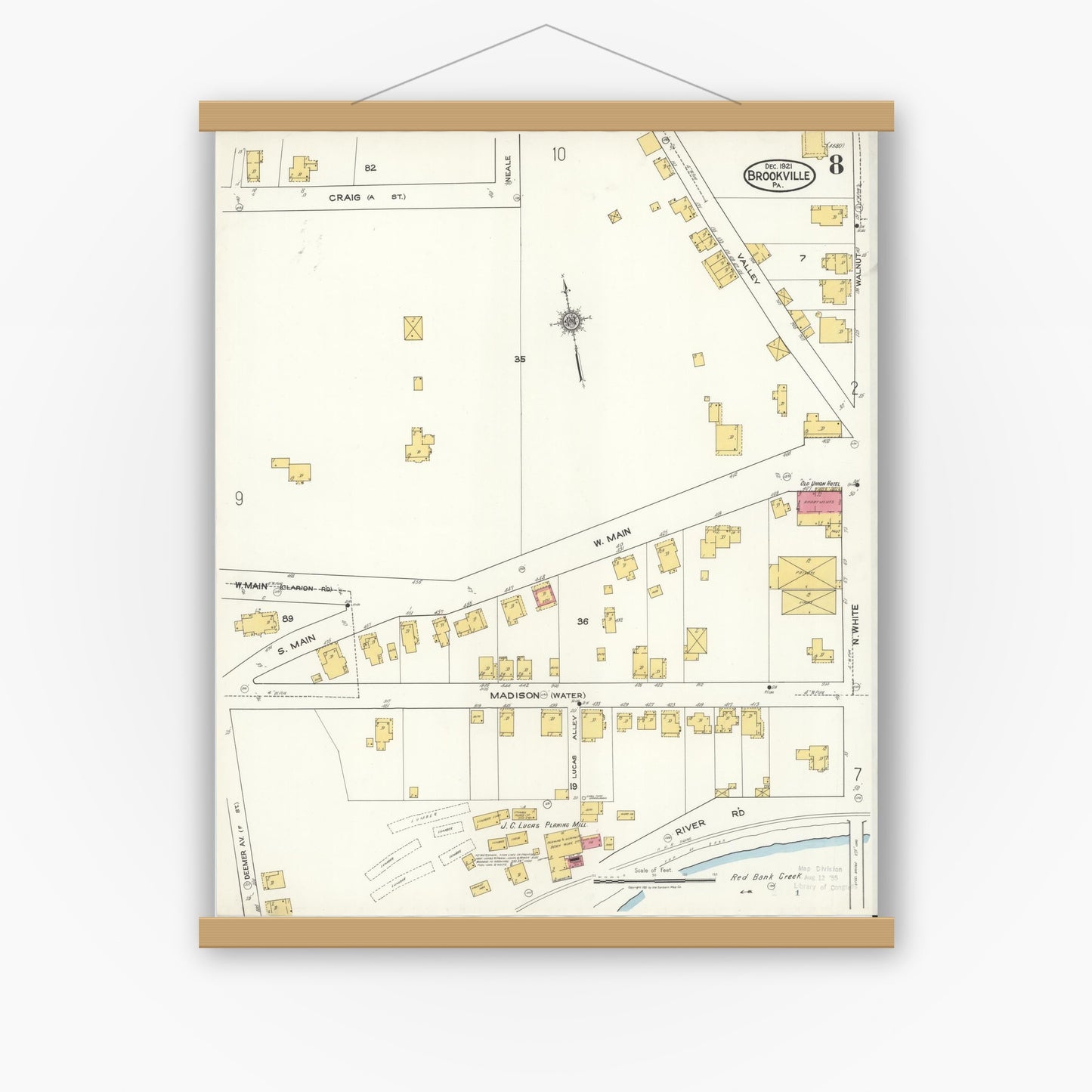 Old map wall art mockup — magnetic wood frame on white wall — Sanborn Fire Insurance Map from Brookville, Jefferson County, Pennsylvania (1921), Sheet #0008
