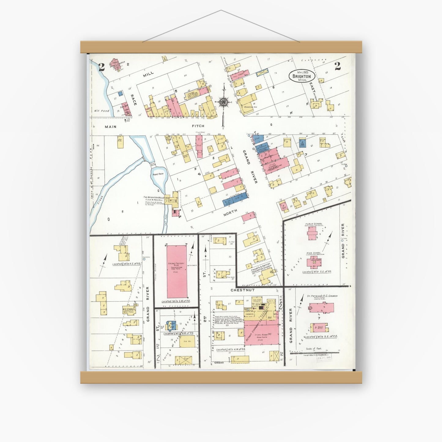 Old map wall art mockup — magnetic wood frame on white wall — Sanborn Fire Insurance Map from Brighton, Livingston County, Michigan (1923), Sheet #0002