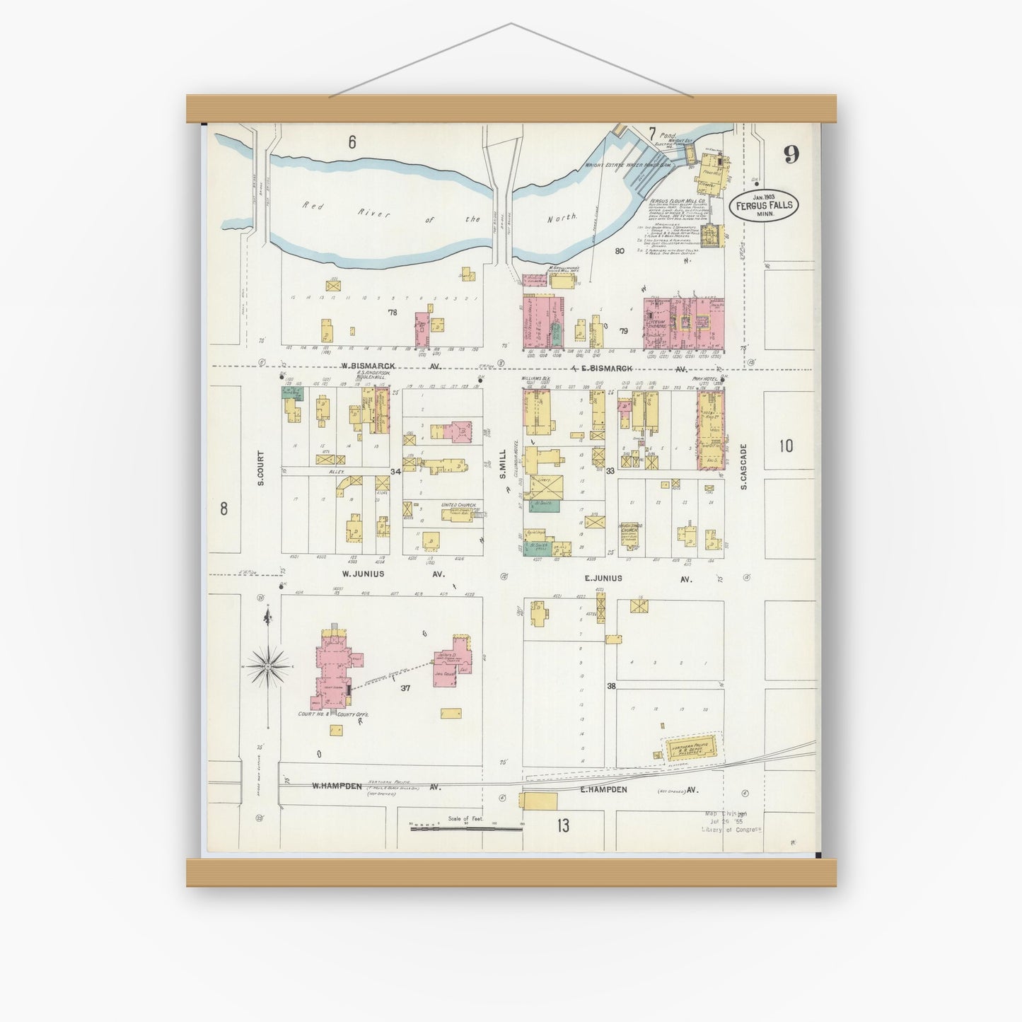 Old map wall art mockup — magnetic wood frame on white wall — Sanborn Fire Insurance Map from Fergus Falls, Otter Tail County, Minnesota (1903), Sheet #0009