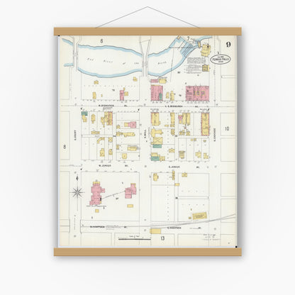 Old map wall art mockup — magnetic wood frame on white wall — Sanborn Fire Insurance Map from Fergus Falls, Otter Tail County, Minnesota (1903), Sheet #0009