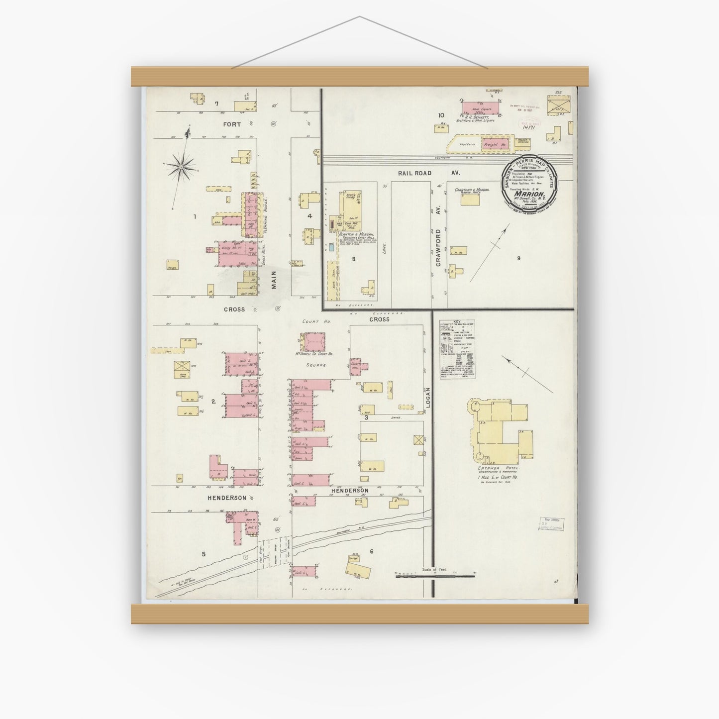 Old map wall art mockup — magnetic wood frame on white wall — Sanborn Fire Insurance Map from Marion, Mcdowell County, North Carolina (1896), Sheet #0001