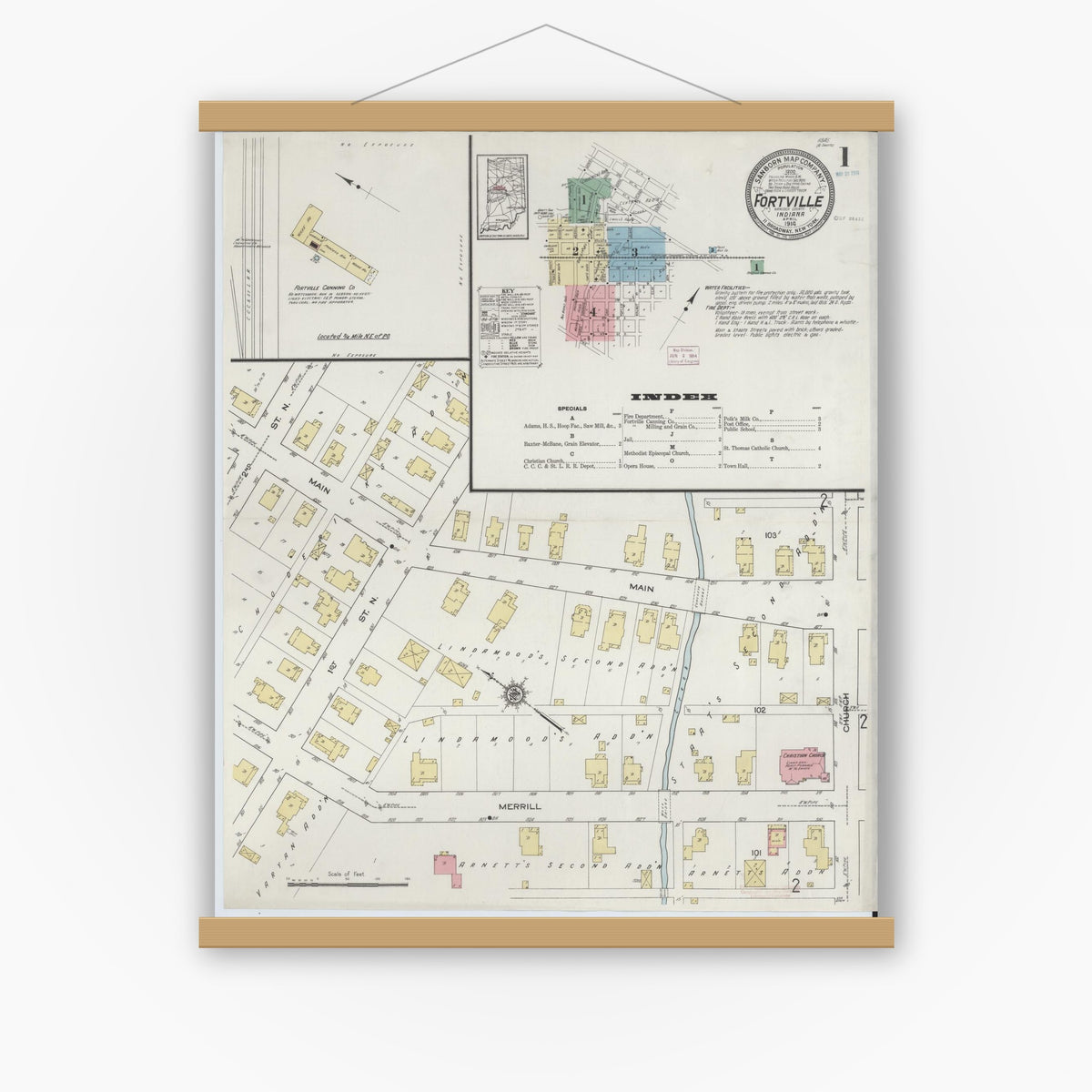 Old map wall art mockup — magnetic wood frame on white wall — Sanborn Fire Insurance Map from Fortville, Hancock County, Indiana (1914), Sheet #0001