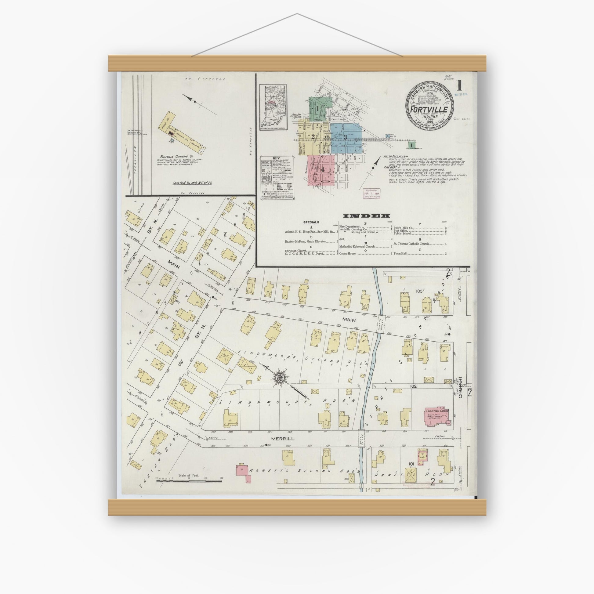 Old map wall art mockup — magnetic wood frame on white wall — Sanborn Fire Insurance Map from Fortville, Hancock County, Indiana (1914), Sheet #0001