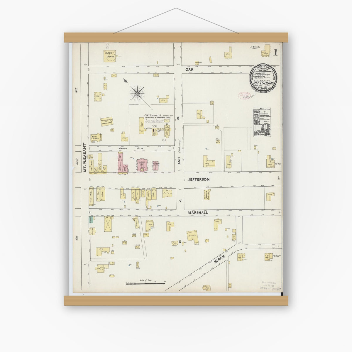 Old map wall art mockup — magnetic wood frame on white wall — Sanborn Fire Insurance Map from Pittsburg, Camp County, Texas (1891) - Complete Map Set