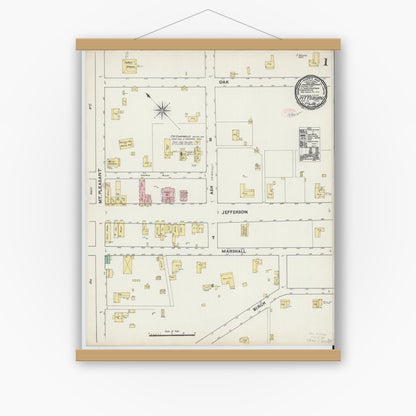 Old map wall art mockup — magnetic wood frame on white wall — Sanborn Fire Insurance Map from Pittsburg, Camp County, Texas (1891) - Complete Map Set