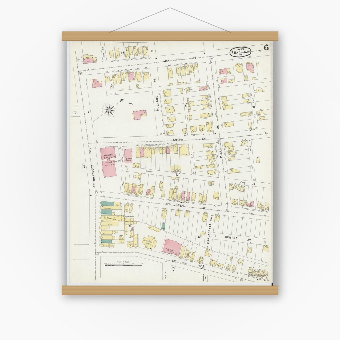 Old map wall art mockup — magnetic wood frame on white wall — Sanborn Fire Insurance Map from Braddock, Allegheny County, Pennsylvania (1896), Sheet #0006