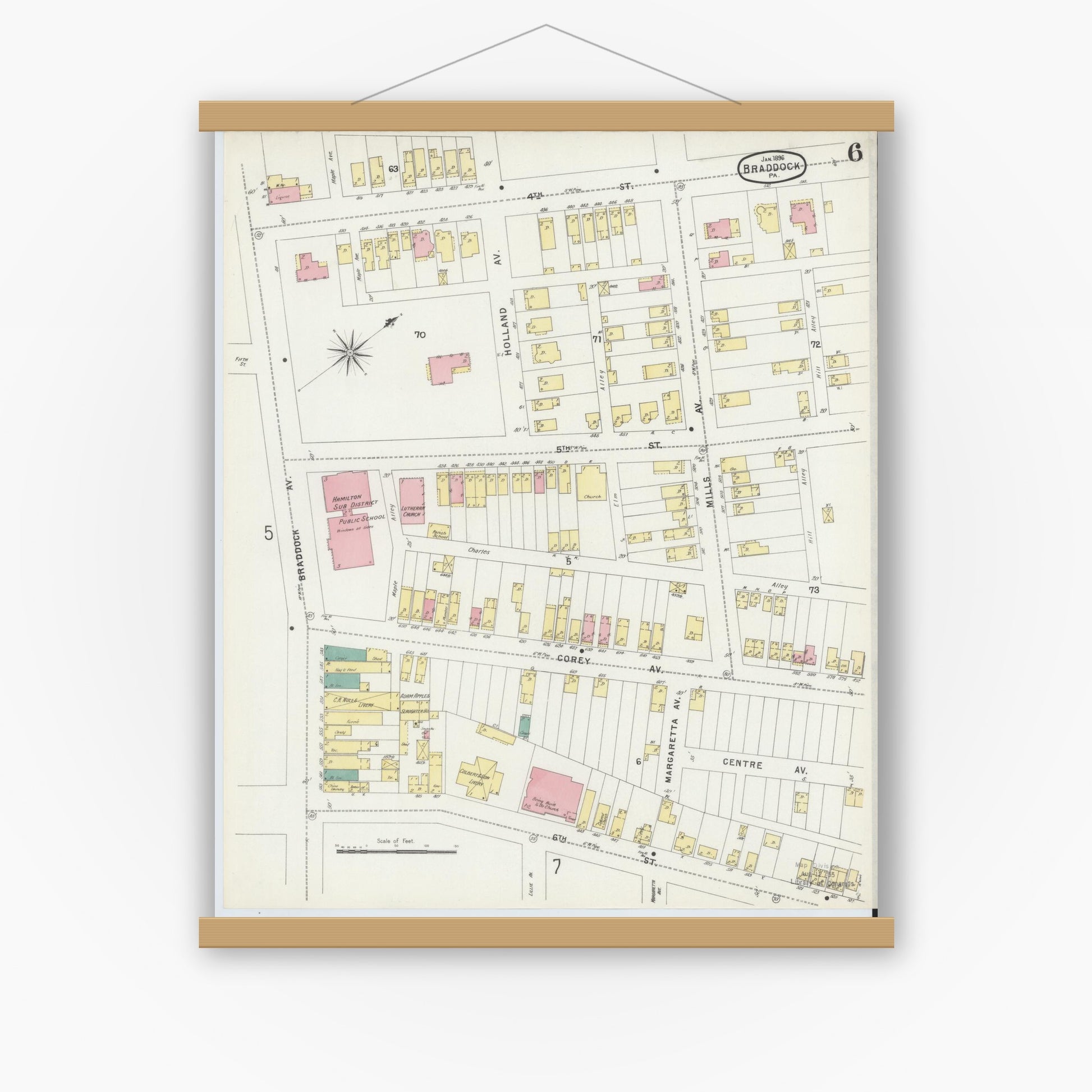 Old map wall art mockup — magnetic wood frame on white wall — Sanborn Fire Insurance Map from Braddock, Allegheny County, Pennsylvania (1896), Sheet #0006