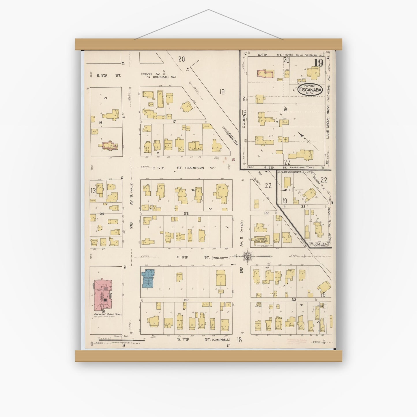 Old map wall art mockup — magnetic wood frame on white wall — Sanborn Fire Insurance Map from Escanaba, Delta County, Michigan (1921), Sheet #0019