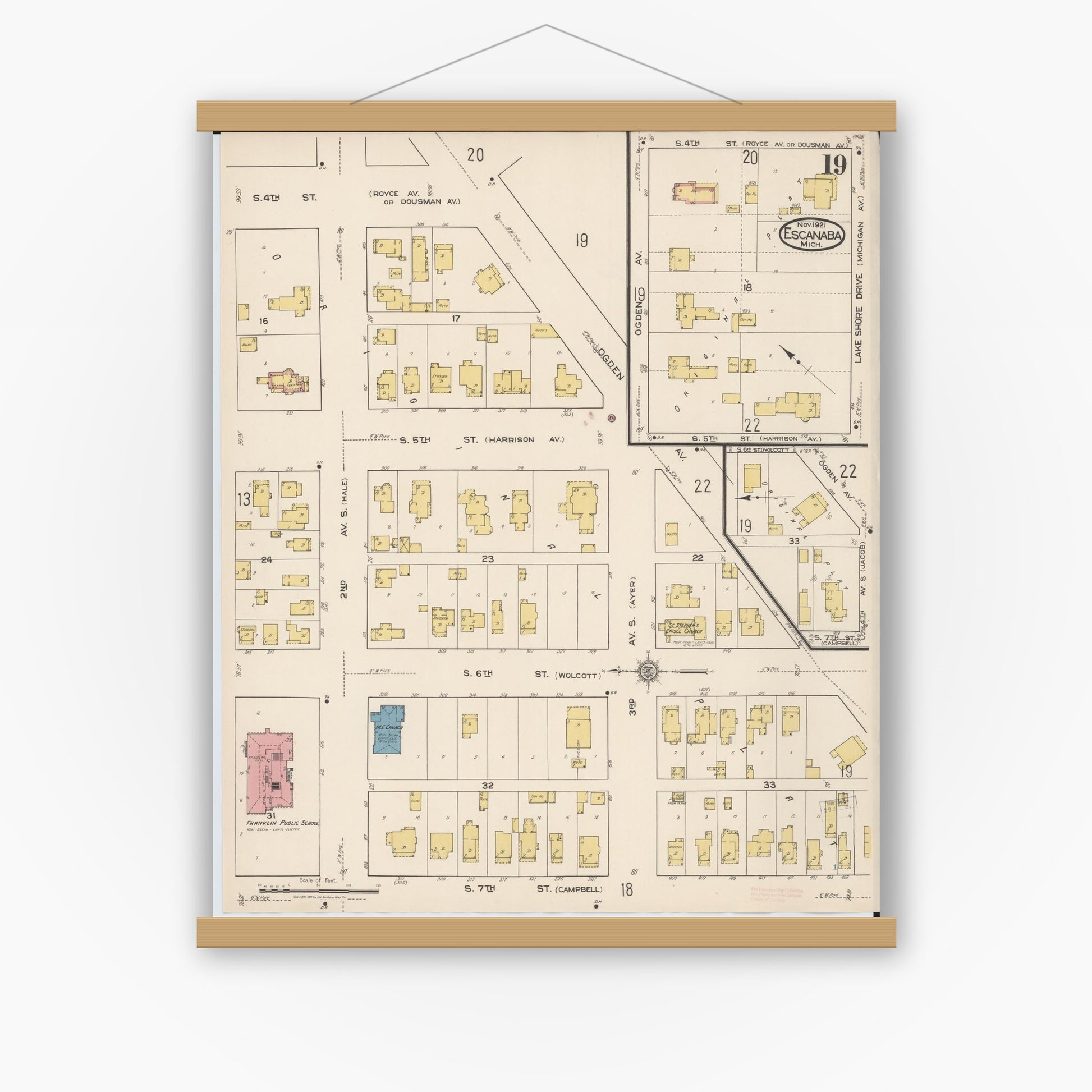 Old map wall art mockup — magnetic wood frame on white wall — Sanborn Fire Insurance Map from Escanaba, Delta County, Michigan (1921), Sheet #0019