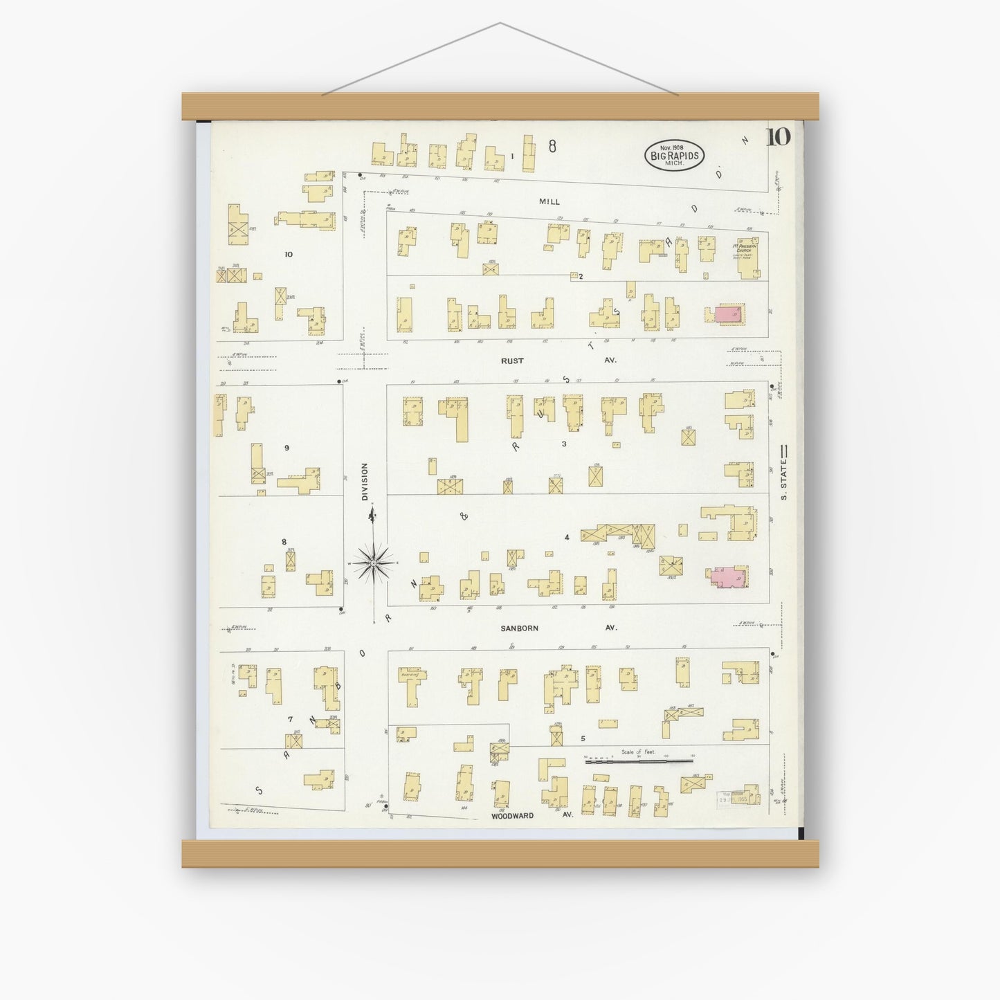 Old map wall art mockup — magnetic wood frame on white wall — Sanborn Fire Insurance Map from Big Rapids, Mecosta County, Michigan (1908), Sheet #0010