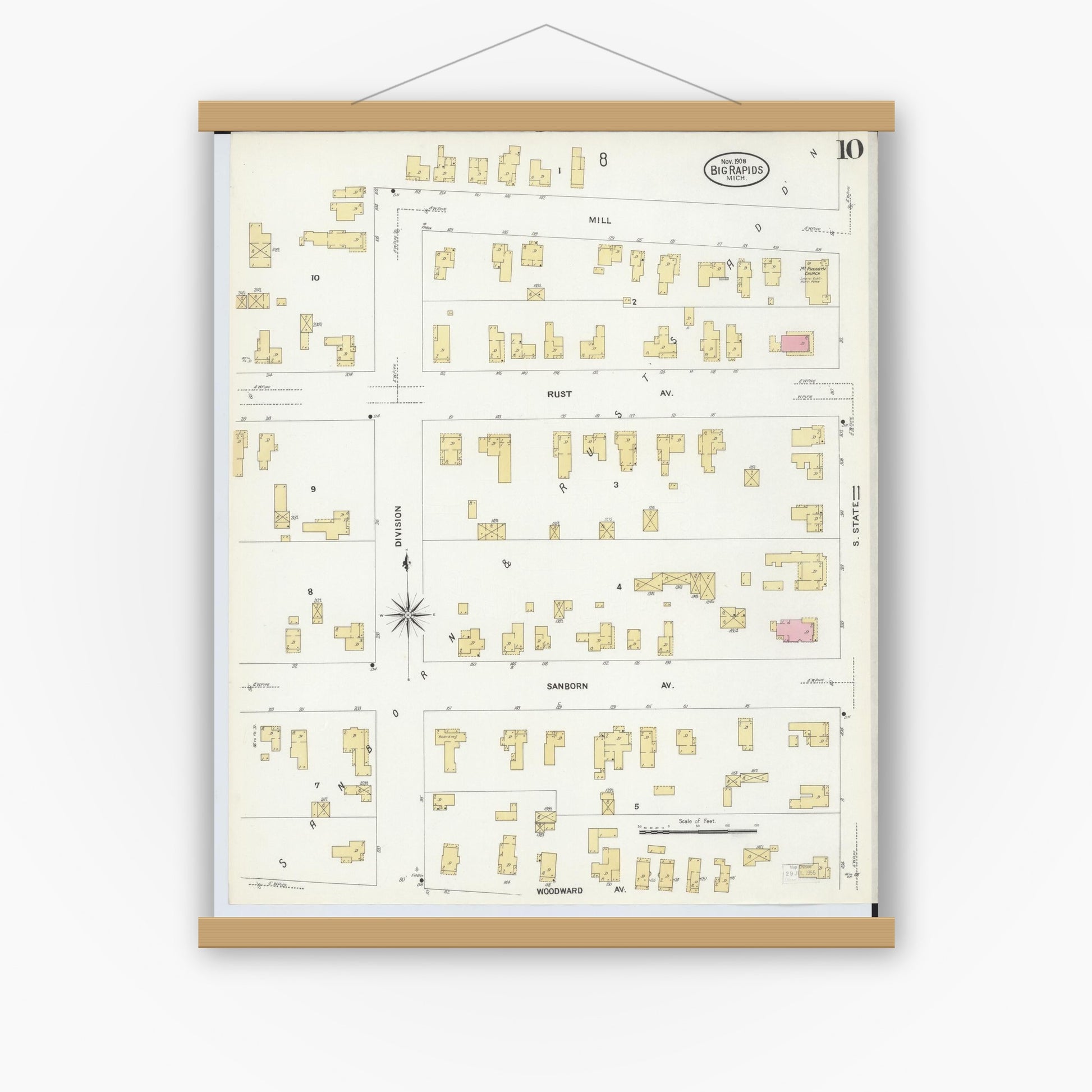 Old map wall art mockup — magnetic wood frame on white wall — Sanborn Fire Insurance Map from Big Rapids, Mecosta County, Michigan (1908), Sheet #0010