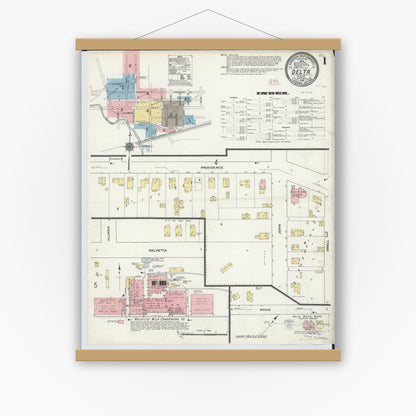 Old map wall art mockup — magnetic wood frame on white wall — Sanborn Fire Insurance Map from Delta, Fulton County, Ohio (1905), Sheet #0005