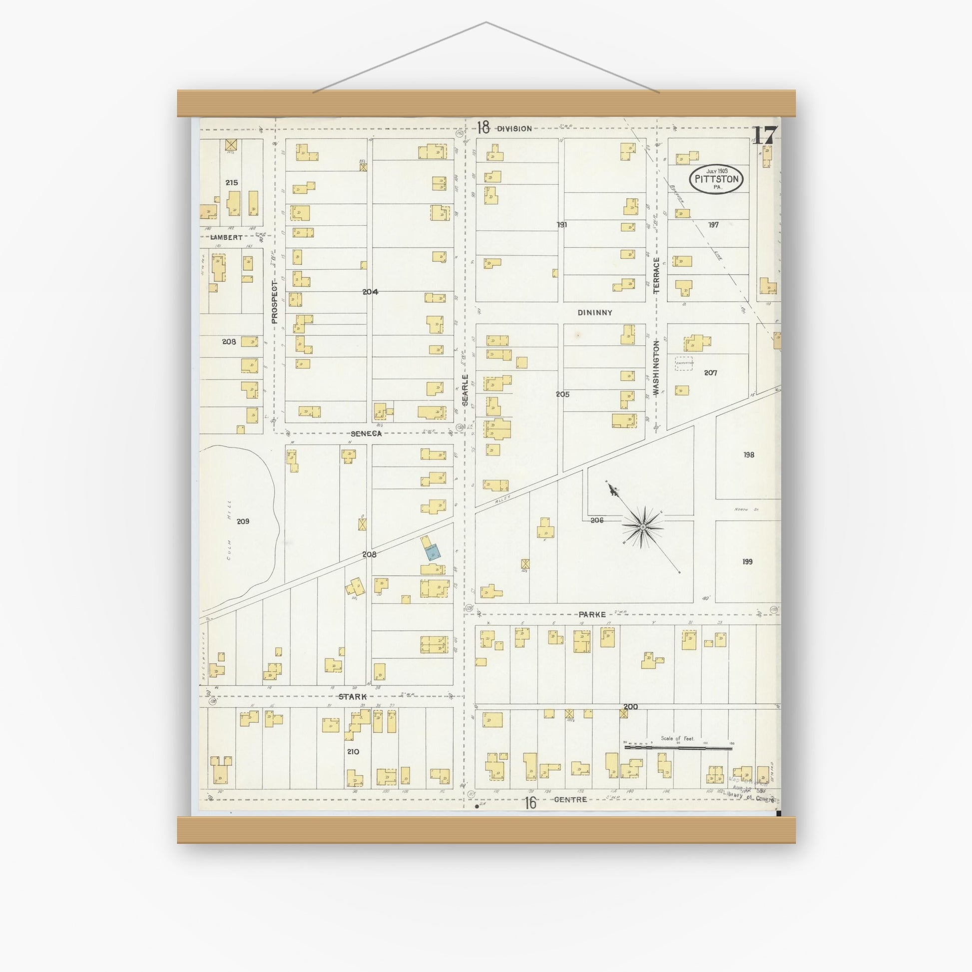 Old map wall art mockup — magnetic wood frame on white wall — Sanborn Fire Insurance Map from Pittston, Luzerne County, Pennsylvania (1903), Sheet #0017