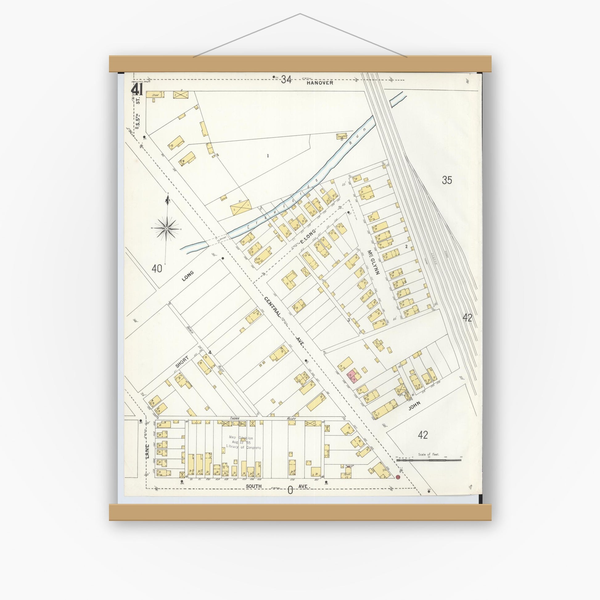 Old map wall art mockup — magnetic wood frame on white wall — Sanborn Fire Insurance Map from Hamilton, Butler County, Ohio (1899), Sheet #0041