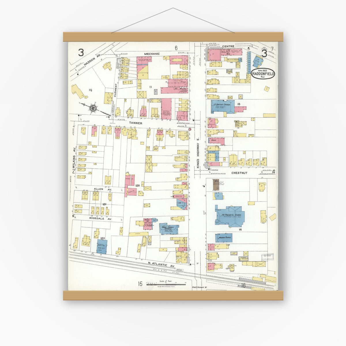 Old map wall art mockup — magnetic wood frame on white wall — Sanborn Fire Insurance Map from Haddonfield, Camden County, New Jersey (1923), Sheet #0003