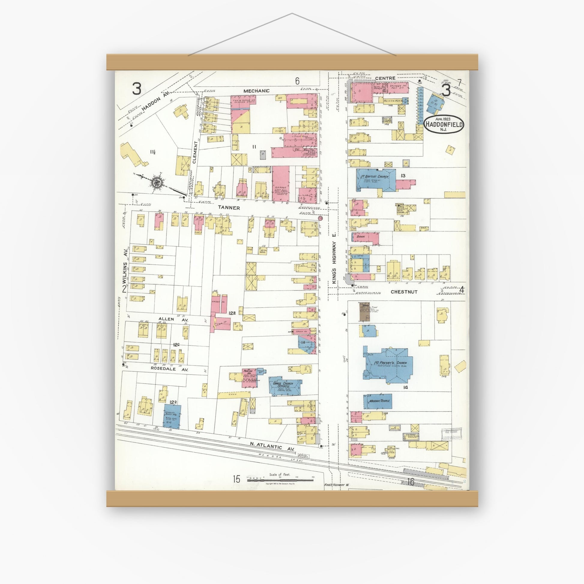 Old map wall art mockup — magnetic wood frame on white wall — Sanborn Fire Insurance Map from Haddonfield, Camden County, New Jersey (1923), Sheet #0003
