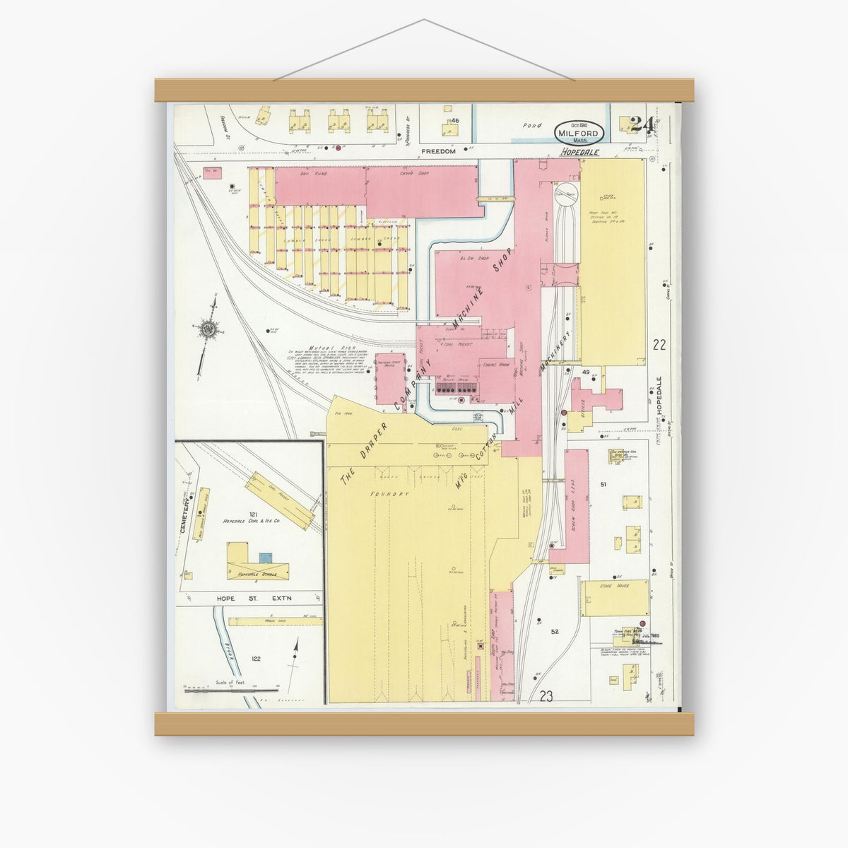 Old map wall art mockup — magnetic wood frame on white wall — Sanborn Fire Insurance Map from Milford, Worcester County, Massachusetts (1910), Sheet #0024