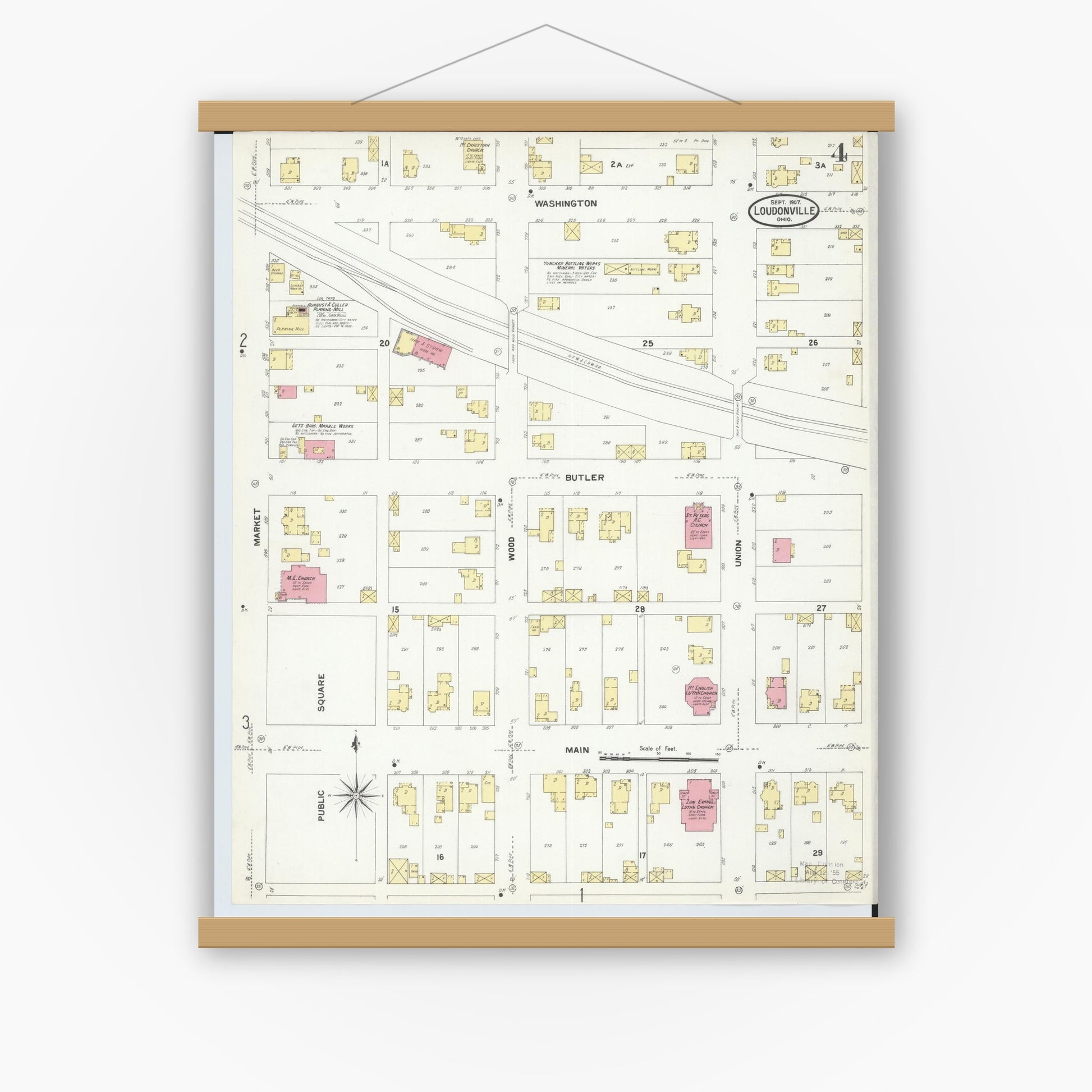 Old map wall art mockup — magnetic wood frame on white wall — Sanborn Fire Insurance Map from Loudonville, Ashland County, Ohio (1907), Sheet #0004
