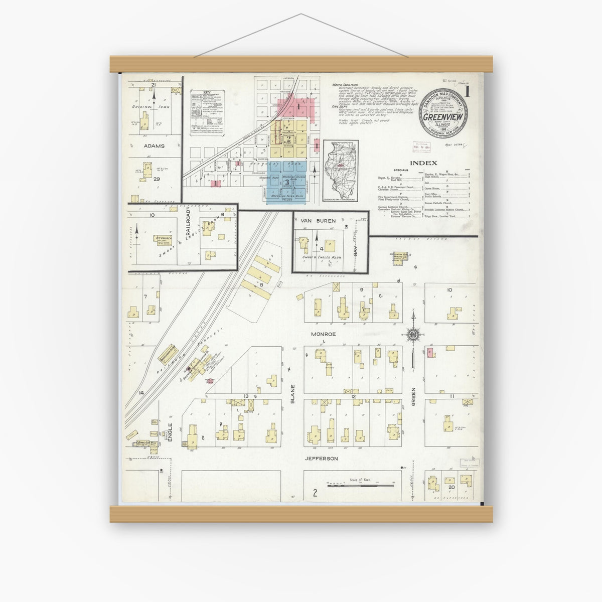 Old map wall art mockup — magnetic wood frame on white wall — Sanborn Fire Insurance Map from Greenview, Menard County, Illinois (1914) - Complete Map Set