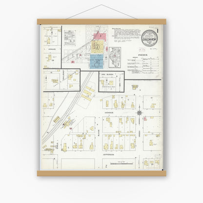 Old map wall art mockup — magnetic wood frame on white wall — Sanborn Fire Insurance Map from Greenview, Menard County, Illinois (1914) - Complete Map Set