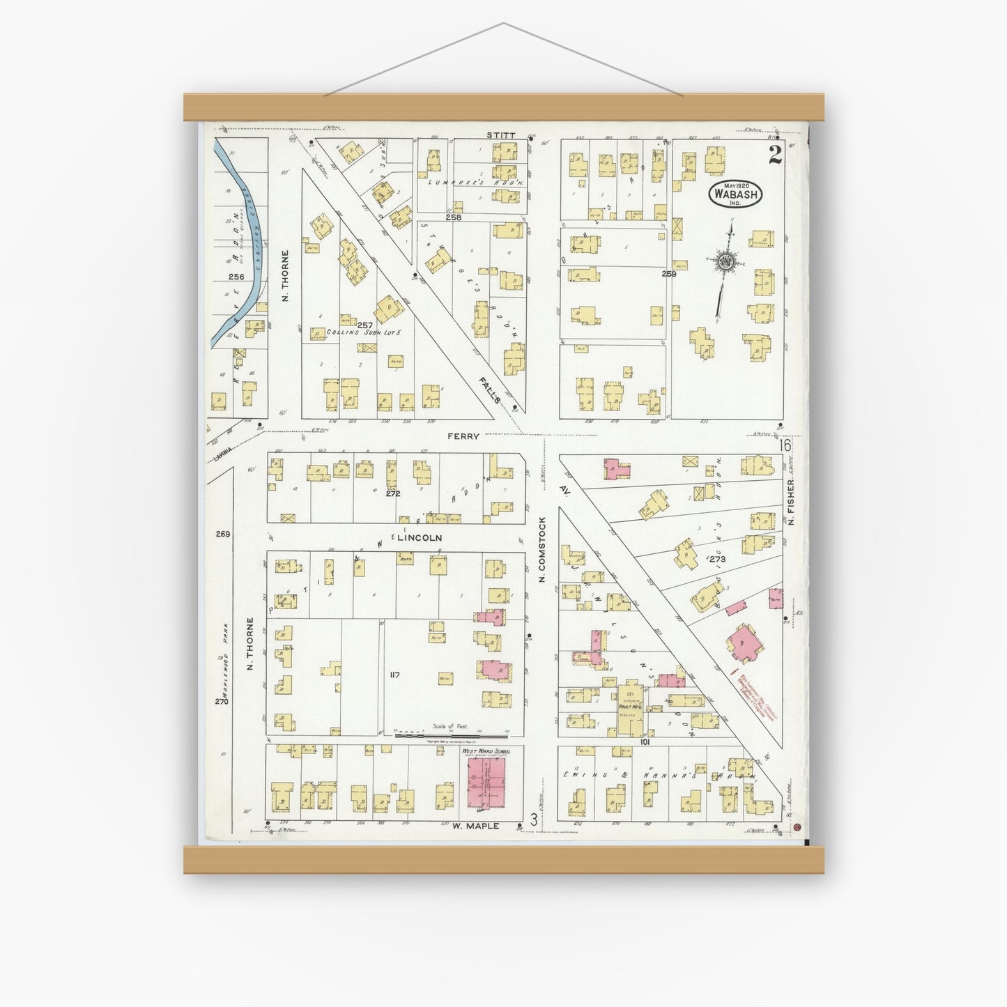 Old map wall art mockup — magnetic wood frame on white wall — Sanborn Fire Insurance Map from Wabash, Wabash County, Indiana (1920), Sheet #0002