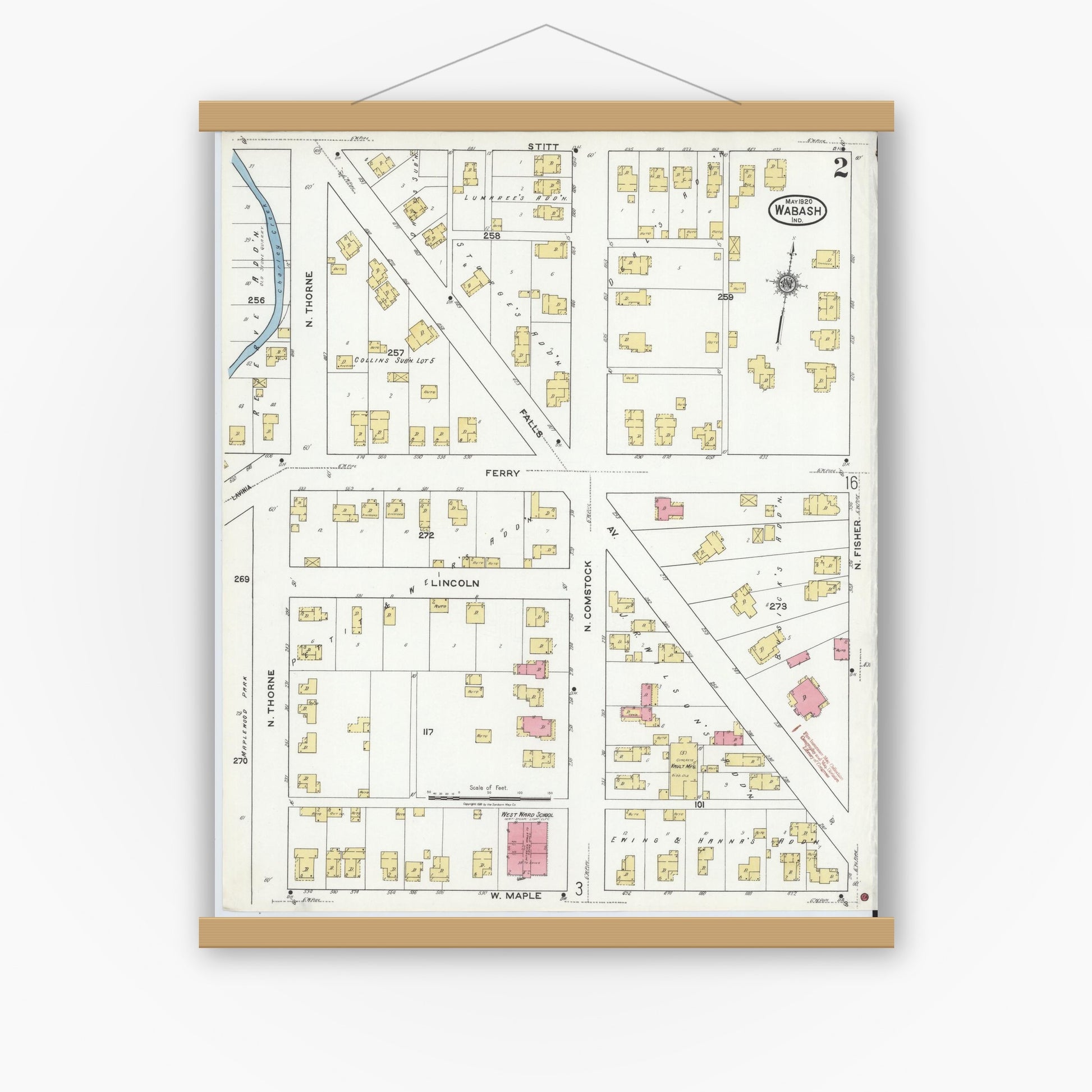 Old map wall art mockup — magnetic wood frame on white wall — Sanborn Fire Insurance Map from Wabash, Wabash County, Indiana (1920), Sheet #0002