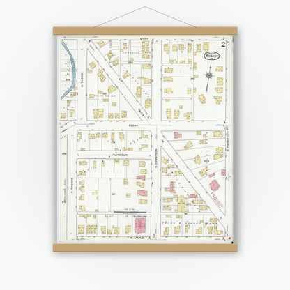 Old map wall art mockup — magnetic wood frame on white wall — Sanborn Fire Insurance Map from Wabash, Wabash County, Indiana (1920), Sheet #0002
