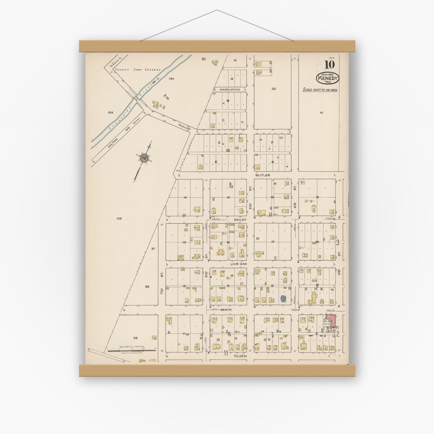 Old map wall art mockup — magnetic wood frame on white wall — Sanborn Fire Insurance Map from Kenedy, Karnes County, Texas (1922), Sheet #0010