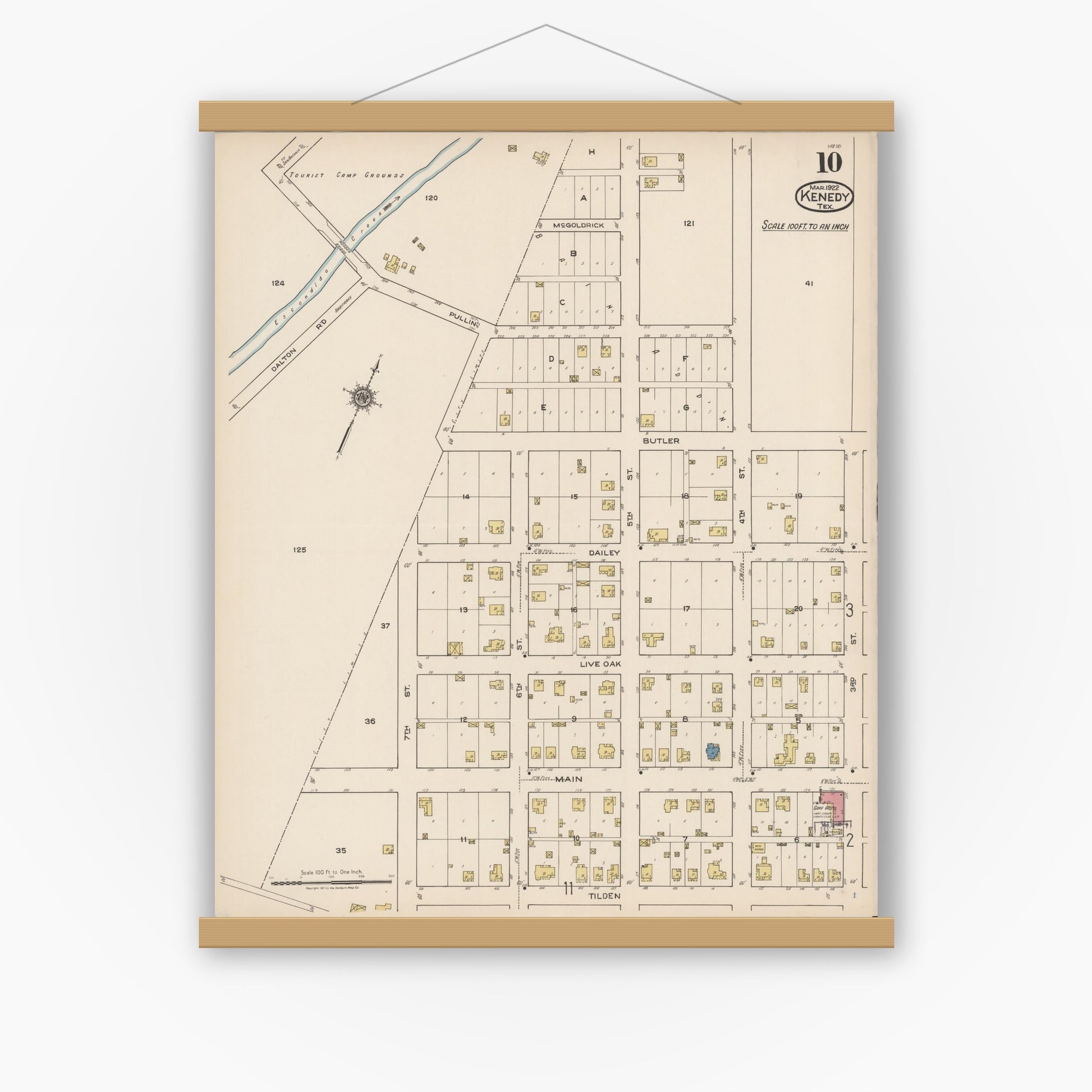 Old map wall art mockup — magnetic wood frame on white wall — Sanborn Fire Insurance Map from Kenedy, Karnes County, Texas (1922), Sheet #0010