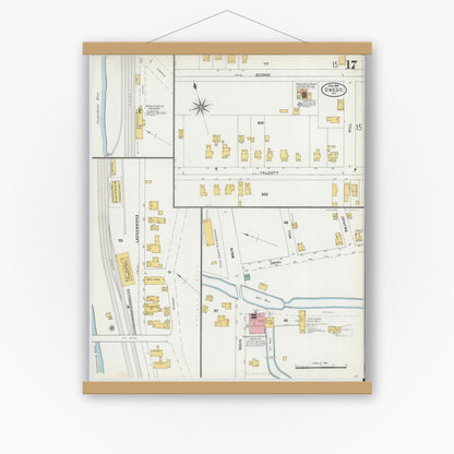 Old map wall art mockup — magnetic wood frame on white wall — Sanborn Fire Insurance Map from Owego, Tioga County, New York (1904), Sheet #0017
